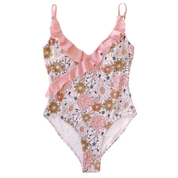 NWT Caden Lane Women's Ruffled One Piece Swimsuit Boho Floral Size L - Picture 1 of 8